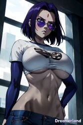 abdomen ai_generated anime anime_style arms belly_button big_breasts breasts breasts breasts close-up covered_breasts day daytime dc_comics female female_focus female_only firm_breasts focus from_below gothic hair hand_on_hip hands-free hd hd_(traditional) high_resolution highres hourglass_figure huge_breasts jeans light-skinned_female long_sleeves looking_at_another looking_away midriff navel neck purple_eyes purple_hair raven_(dc) ribs round_breasts seducing seduction seductive seductive_body seductive_look seductive_pose serious serious_face shiny shiny_clothes shiny_skin shirt short_hair simple_background sky sky4maleja slim_waist sunglasses teen_titans tight_clothes tight_clothing underboob upper_body waist watermark white_skin window