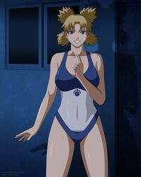 1girls abs alternate_costume belly bible_black big_breasts blonde_hair blue_eyes blush breasts clothed cosplay elec-ant female female_only grin human naruto navel short_hair smile solo solo_focus source_request standing swimsuit teeth temari text thigh_gap url watermark