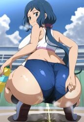 ai_generated bare_legs big_breasts big_butt blue_eyes blue_hair dat_ass fat_ass gigantic_ass golden_shower gundam_build_fighters gym_clothes gym_uniform huge_breasts huge_thighs in_search_of_holy_water iori_rinko light-skinned_female light_skin long_hair looking_back massive_ass massive_breasts mature_female milf peeing ponytail smiling solo_female squatting sweat sweatdrop thick_thighs thighs urinating urinating_female urination urine voluptuous voluptuous_female