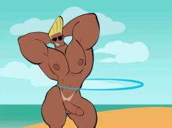 1boy abs absolutbleu animated animated bara bara_tiddies bara_tits beach beach_background biceps big_biceps big_pecs big_penis big_triceps bikini_tan blonde_hair blonde_male bodybuilder cartoon_network gay hula_hoop johnny_bravo johnny_bravo_(series) male male_only muscular muscular_arms muscular_legs muscular_male pecs penis public public_nudity simple_animation simple_coloring simple_shading sunglasses tanline tanned tanned_male triceps yaoi