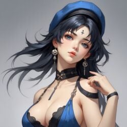 ai_generated anime big_breasts black_hair blue_dress blue_eyes earrings silver_earrings tagme