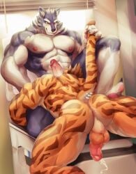 abs anthro ass backsack balls bodily_fluids canid canine canis cldmkr duo felid genital_fluids genitals hi_res male male/male mammal muscular muscular_anthro muscular_male nipples nude office pantherine pecs penis precum tail tail_grab tiger wolf