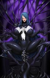 blue_eyes blue_hair corruption female hair latex latex_ass latex_bodysuit latex_breasts latex_clitoris latex_clothing latex_gloves latex_legwear latex_nipples latex_skin latex_skinsuit latex_suit latex_thighhighs latex_vagina living_clothes long_hair marvel marvel_comics original_character rikatsuky she-venom spider-man_(series) symbiote tentacle tentacle_on_female transformation vagina vaginal vaginal_insertion vaginal_penetration vaginal_sex venom venom_(marvel)