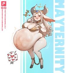 1girls ankle_cuffs anthro baby_bump big_breasts bikini blush bondage breasts chains cleavage embarrassed female female_only fetal_movement finger_to_mouth full_body furry goat_ears goat_girl goat_horns goat_tail gold_bikini grey_hair headdress heart hooves huge_belly looking_aside mayternity measurements navel open_mouth original original_character outie_navel pregnancy_tally pregnant ready_to_pop rebecca_(spellsx) red_eyes shortstack skindentation smile solo spellsx standing thick_thighs white_fur wide_hips