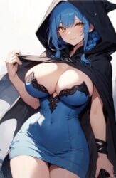 ai_generated bennia_orcus blue_dress blush braided_hair high_school_dxd horny horny_female huge_breasts inviting long_bangs plump_breasts short_dress tight_dress