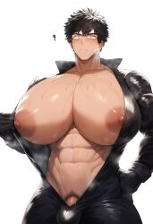 1boy ai ai_generated big_areolae big_breasts black_hair bodysuit breasts_bigger_than_head busty busty_boy glasses huge_breasts huge_tits male_breasts male_tits male_with_breasts solo solo_male tight_bodysuit tittyboy