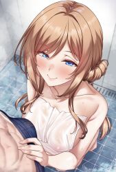 1boy 1girls bathroom big_breasts blue_eyes blush boxers breasts brown_hair erection_under_clothes female_focus gakuen_idolmaster himesaki_rinami huge_breasts idolmaster kneeling looking_at_viewer merufena muscular_male nipples on_knees pink_nipples shower smiling smiling_at_viewer steam steaming_body towel water wet wet_body