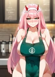 ai_generated apron apron_between_breasts apron_only barista blush blush_lines blushing blushing_at_viewer breasts darling_in_the_franxx gigantic_breasts green_apron hollowbeak huge_breasts smile starbucks zero_two_(darling_in_the_franxx)