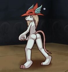 2024 2_toes anthro blonde_hair blue_eyes burmecian claws clenched_teeth clothing cross-popping_vein feet female final_fantasy final_fantasy_ix finger_claws freya_crescent fur genitals grey_body grey_fur hair hat hat_only headgear headgear_only headwear headwear_only hi_res looking_down mammal mostly_nude pink_body pink_claws pupils pussy rear_view red_clothing red_hat red_headwear rodent solo square_enix standing teeth time_stop toe_claws toes ultilix white_body white_fur