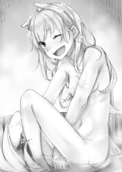 ayakura_juu bath bathing bathtub completely_nude female female_only long_hair monochrome myuri_(spice_and_wolf) nude official_art one_eye_closed open_mouth sitting small_breasts smile soap_bubbles solo spice_and_wolf suds wolf_ears wolf_girl wolf_tail