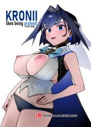 blue_eyes blue_hair breasts dismassd hair_intakes hololive hololive_english hololive_english_-council- hololive_english_-promise- huge_breasts midriff nipples open_clothes open_mouth ouro_kronii panties short_hair tagme virtual_youtuber