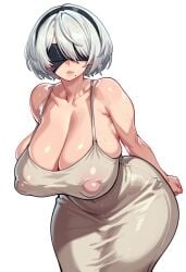 ai_generated big_breasts blindfold breasts_focus curvy curvy_female curvy_figure dongtan_dress dress gravure_soraka gray_dress hourglass_figure hourglass_figured_female huge_breasts leaning_forward spaghetti_strap yorha_2b