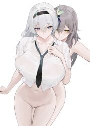 2girls black_hairband black_necktie bottomless breasts brown_hair closed_mouth completely_nude cowboy_shot dutch_angle english_commentary firefly_(honkai:_star_rail) front-to-back grabbing grabbing_another's_breast grey_hair hair_between_eyes hairband hand_up highres honkai:_star_rail honkai_(series) large_breasts liangfen long_hair looking_at_viewer multiple_girls navel necktie nude shirt simple_background stelle_(honkai:_star_rail) stomach trailblazer_(honkai:_star_rail) white_background white_shirt yellow_eyes yuri