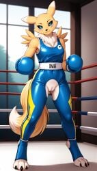 1girls 2025 ai_generated anthro black_sclera blue_eyes boxing boxing_gloves crotchless digimon digimon_(species) digitigrade female female_only hi_res indoors innie_pussy looking_at_viewer pussy renamon smile white_fur yellow_fur