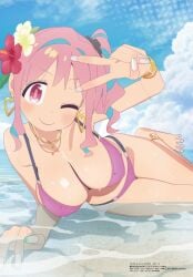 bare_arms bare_legs bare_shoulders bare_thighs barefoot beach big_breasts bikini blush breasts fake_nails feet fingernails flower_in_hair gyaru hozuki_kaede long_hair megami_magazine mouth_closed multicolored_hair official_art one_eye_closed onii-chan_wa_oshimai! peace_sign red_eyes shore smile thick_thighs thighs toes