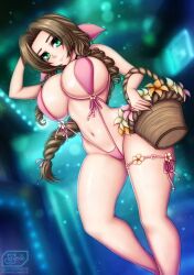 1girls aerith_gainsborough braided_ponytail breasts breasts_bigger_than_head brown_hair final_fantasy final_fantasy_vii flower flower_basket green_eyes hair_ribbon large_breasts looking_at_viewer midriff navel one_piece_swimsuit pink_one-piece_swimsuit pink_swimsuit ponytail sevie seviesphere slingshot_swimsuit swimsuit thigh_strap