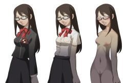 1girls bangs black_hair blush blush brown_hair dark_hair edit edited fringe fringe_hair fushimi_chihiro gekkoukan_high_school_uniform glasses long_hair naked naked_female nipples nude nude_female nude_filter persona_3 pussy