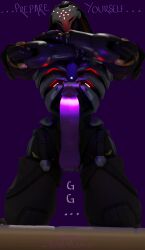 3d 3d_(artwork) arms_crossed darbernsfw glowing_genitalia looking_at_viewer looking_down omnic omnicfans overwatch overwatch_2 penis purple_penis ramattra solo_male