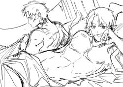 2boys bed bed_sheet chihiro_rokuhira completely_nude_male hakuri_sazanami implied_after_sex kagurabachi katsutentacle male_only nonsexual_nudity sketch yaoi