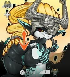 absurd_res anus armor ass big_ass black_body blonde_hair blue_anus blue_markings breasts eyelashes female genitals gesture grey_body hair hand_gesture headgear helmet hi_res humanoid humanoid_pointy_ears imp imp_midna looking_at_viewer looking_back looking_back_at_viewer markings midna nightlydayart nintendo nude one_eye_obstructed ponytail prehensile_hair pussy rear_view red_eyes smile snaggle_tooth solo spread_butt spreading text the_legend_of_zelda thick_thighs twili twilight_princess v_sign wide_hips yellow_sclera