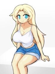 1girls bare_shoulders big_breasts blonde_hair blue_eyes blush breasts cleavage female female_focus female_only huge_breasts jean_shorts midriff tagme tank_top thick_thighs venky wide_hips