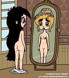 bedroom black_hair_female blonde_hair_female cartoon-admirer commission dark_lips deviantart_url deviantart_username different_reflection dress_at_feet emma_fairfax english_text flowers_in_hair hairless_pussy light_lips melinda_(unicorn:_warriors_eternal) mirror nude reflection shaved_pussy text thick_eyebrows unicorn:_warriors_eternal very_long_hair white_dress