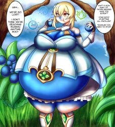amber_eyes big_breasts blonde_hair_female bloomers blueberry_(fruit) blueberry_girl blueberry_inflation dialogue eating eating_food flower_in_hair forest_background genshin_impact inflation inflation_fetish lumine_(genshin_impact) mihoyo paimon_(genshin_impact) ribimi28 skin_turning_blue swelling swelling_belly thick_thighs unseen_character white_dress wide_hips