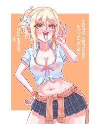 areolae belly_button blonde_hair condom cum cum_on_face fellatio_gesture gyaru love_live! love_live!_nijigasaki_high_school_idol_club midriff misslewd miyashita_ai school_uniform see-through_clothing skirt stomach text tongue used_condom