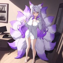 ai_generated big_breasts breasts fan_character female female_focus female_only fluffy_ears fluffy_tail fox fox_ears fox_girl fox_tail kitsune kitsunemimi large_boobs large_breasts long_hair loungewear multicolored_hair multiple_tails nine_tailed_fox original original_character perfect_body sexykitsune tails thick_thighs white_hair