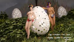 2girls 3d alternate_costume asian blizzard_entertainment breasts brown_eyes brown_hair d.va dark_hair easter eggs female flower flower_in_hair flowers flowers_in_hair forest gloves grass latina looking_at_viewer nipples nude nude_female overwatch purple_eyes purple_hair shorts skin sombra tagme therenderguy video_games waveracer_d.va