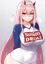 ai_generated barely_clothed blush blush_lines blushing_at_viewer darling_in_the_franxx green_eyes hollowbeak only_shirt pink_hair shirt shirt_only smile sugoi_dekai t_shirt tight_clothes tight_clothing tight_fit zero_two_(darling_in_the_franxx)