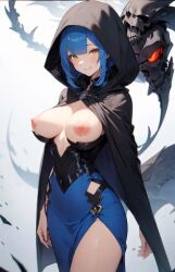 ai_generated bennia_orcus big_breasts big_thighs blue_hair cape cloak floating_skull grim_reaper grim_reapress high_school_dxd hourglass_figure skinny tight_dress yellow_eyes