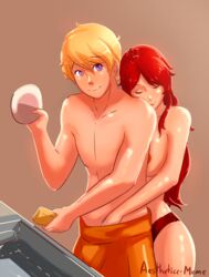 1boy 1girls aestheticc-meme blonde_hair blue_eyes caress female green_eyes jaune_arc male pyrrha_nikos reach_around red_hair rwby straight