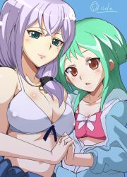 2girls anjou_tokoha breasts cardfight!!_vanguard cardfight!!_vanguard_g flat_chest handholding medium_breasts misaki_tokura no_nude no_sex swimsuit