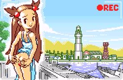 00s 1girls anus ass back boat bottomless breasts brown_hair camera camera_view clothed dress dress_lift exhibitionism exposed_ass eyebrows female female_only flat_chest gym_leader hud human jasmine_(pokemon) jasmine_(pokemon_gsc) light-skinned_female light_skin lighthouse long_hair looking_at_viewer looking_back mountain nintendo pier pixel_art pokemon pokemon_gsc pokemon_puzzle_challenge presenting pussy recording saiwai_hiroshi spread_ass text town tree water