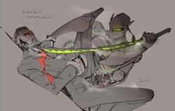 2boys armor cum cum_while_forced cyborg dariensfw forced frottage gay genji glowing glowing_eyes helmet katana limited_palette male male_focus male_only mask mask_only masturbating masturbating_other masturbating_self_and_another maximilien near_monochrome ninja omnic overwatch partially_colored precum rape robot stepping_on_chest sword tied_hands yaoi