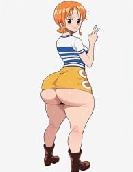 1girls ai_generated artist_request ass ass_focus big_ass boots brown_eyes d-art_style female female_only gigantic_ass looking_at_viewer miniskirt nami nami_(classic) nami_(one_piece) one_piece orange_hair peace_sign pre-timeskip randomran short_hair skirt smile smiling_at_viewer solo solo_female solo_focus striped_shirt