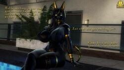 1girls 3d anubis anubis_(bom39) big_breasts big_thighs bikini bom39 breasts busty english_text female furry gearsassassins huge_breasts huge_thighs large_breasts large_thighs sitting swimming_pool thick_thighs thighs