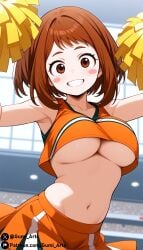 ai_generated blush_stickers boku_no_hero_academia brown_eyes brown_hair cheerleader cheerleader_outfit gumi_arts large_breasts looking_at_viewer my_hero_academia ochako_uraraka pom_pom_(cheerleading) short_hair smile stable_diffusion thick_thighs underboob