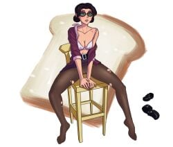 alternate_version_available bra brazier female female_focus female_only miss_pauling on_chair pinup ratopombo ripped_stockings solo_female team_fortress_2 unbuttoned unbuttoned_shirt undone_shirt