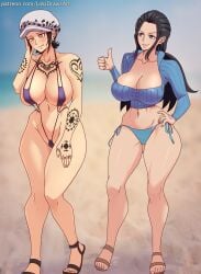 2girls bare_arms bare_legs bare_shoulders bare_thighs big_breasts bikini bikini_bottom bikini_top black_hair blue_eyes blush clothed clothing color female female_focus female_only genderswap_(mtf) hat hi_res large_breasts light-skinned_female light_skin lokidrawsart long_hair multiple_girls nico_robin one_piece post-timeskip rule_63 short_hair solo_female tagme tattoos thick_thighs trafalgar_law trafalgar_law_(female)