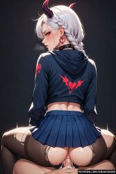 ai_generated ariavisions collar cowgirl_position cum_in_pussy cum_inside demon demon_girl demon_horns french_braid from_behind_position heart-shaped_pupils looking_back motion_lines original original_character original_characters panting red_eyes riding_penis tattoos torn_clothes white_hair