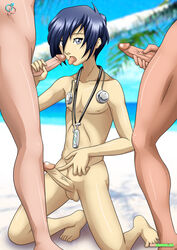 3boys bbmbbf beach beige_skin blue_hair cock_hungry erection gay grey_eyes head_out_of_frame headphones holding_penis imminent_fellatio makoto_yuki male_focus megami_tensei mp3_player multiple_boys multiple_penises nude oral palcomix palcomix_vip palm_trees penis penis_size_difference persona persona_3 presenting_penis rear_deliveries sex tongue_out uncensored veiny_penis waiting yaoi yuuki_makoto