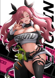 1girl absurdres amillion_(zenless_zone_zero) black_ribbon black_shorts blush breasts character_name clothing_cutout commentary_request cowboy_shot crop_top earrings green_eyes hair_ornament hair_ribbon hairclip half-closed_eyes heart heart_earrings heart_necklace highres holding jewelry kiral_kuota large_breasts long_hair looking_at_viewer micro_shorts mole mole_on_breast mole_on_thigh mole_under_eye navel necklace nicole_demara open_mouth pink_hair ribbon shorts shoulder_cutout single_thighhigh smile solo strapless thighhighs torn_clothes torn_thighhighs tube_top two_side_up v white_tube_top zenless_zone_zero