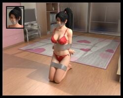 3d black_hair bondage bound bound_arms bound_legs bra gag gagged kneeling lord_kamski momiji_(ninja_gaiden) ninja_gaiden panties red_bra red_panties tape_gag underwear