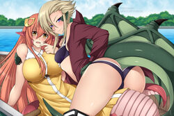 2girls alternate_version_available ass big_ass blonde_hair clothing curvy draco_(monster_musume) dragon dragon_girl dragon_humanoid dragon_wings female female_only hair lamia lindaroze long_hair miia_(monster_musume) monster monster_girl monster_musume_no_iru_nichijou multiple_girls orange_hair purple_eyes seductive underwear wings