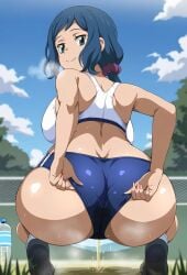 ai_generated bare_legs big_breasts big_butt blue_eyes blue_hair dat_ass fat_ass gigantic_ass golden_shower gundam_build_fighters gym_clothes gym_uniform huge_breasts huge_thighs in_search_of_holy_water iori_rinko light-skinned_female light_skin long_hair looking_back massive_ass massive_breasts mature_female milf peeing ponytail smiling solo_female squatting sweat sweatdrop thick_thighs thighs urinating urinating_female urination urine voluptuous voluptuous_female