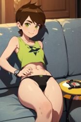 1girls ai_generated ben_10 ben_tennyson brown_hair coffee_table couch crop_top door genderswap genderswap_(mtf) green_eyes omnitrix panties pixai rule_63 short_hair sitting small_breasts smile solo solo_female watch