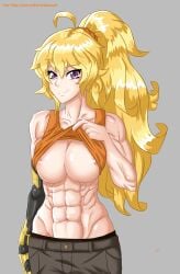 1girls abs blonde_female blonde_hair breasts icesticker lifting_skirt long_hair long_hair_female pants purple_eyes revealing_breasts robotic_arm rwby showing_breasts showing_off yang_xiao_long