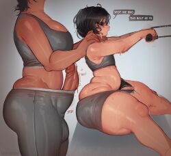 1boy 1futa ass ball_bulge balls balls_under_clothes big_breasts bottom_heavy bottom_heavy_femboy breasts chubby_femboy clothed clothing dialogue duo english_text erection erection_under_clothes exercise fat_ass_femboy femboy from_side fully_clothed futanari gym hands-free huge_ass human johhny_(seruroku) large_breasts larger_futanari light-skinned_futanari light_skin male mostly_clothed penis penis_out penis_size_difference penis_under_clothes precum precum_drip seruroku side_view sportswear standing text thick_femboy thick_thighs working_out